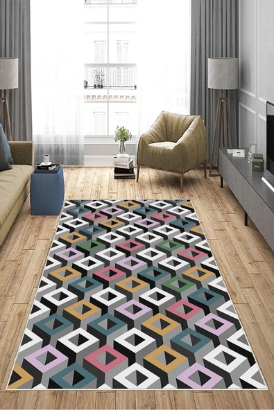 Makinede Yıkanabilir Leke Tutmaz  Multi Deko Deri Kaymaz Taban Simetrik Salon Saçaksız Halı A232  MULTİ 160 x 230 - Resim 4