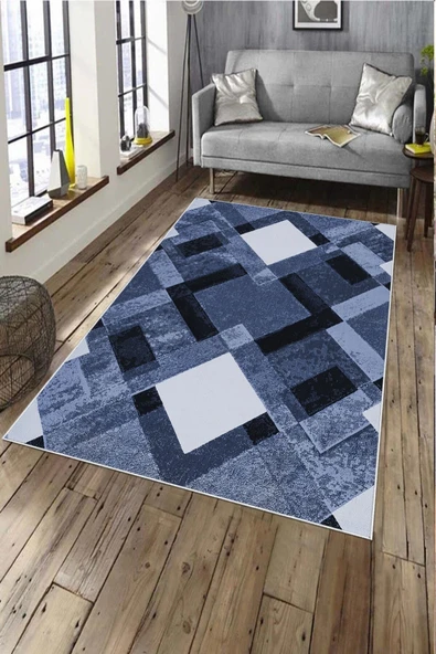 Makinede Yıkanabilir Leke Tutmaz  Mavi-Lacivert Pvc Deri Kaymaz Taban Modern Salon Saçaksız Halı A229  MAVİ-LACİVERT 200 x 300