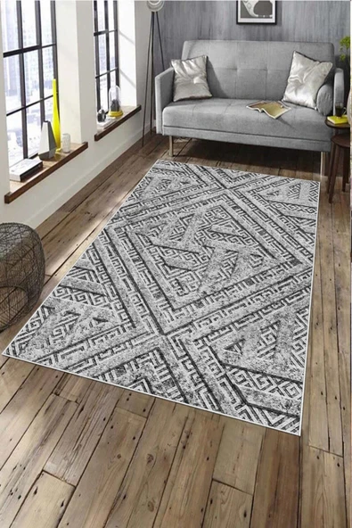 Makinede Yıkanabilir Leke Tutmaz  Gri Deko Deri Kaymaz Taban Modern Salon Saçaksız Halı A224  GRİ 100 x 300