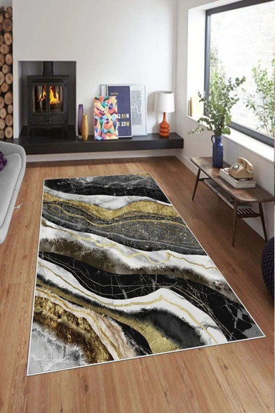 Makinede Yıkanabilir Leke Tutmaz  Gold Pvc Deri Kaymaz Taban Bohem Salon Saçaksız Halı A213  GOLD 100 x 300 - 10
