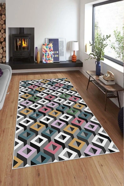 Makinede Yıkanabilir Leke Tutmaz  Multi Deko Deri Kaymaz Taban Simetrik Salon Saçaksız Halı A232  MULTİ 160 x 230 - Resim 3