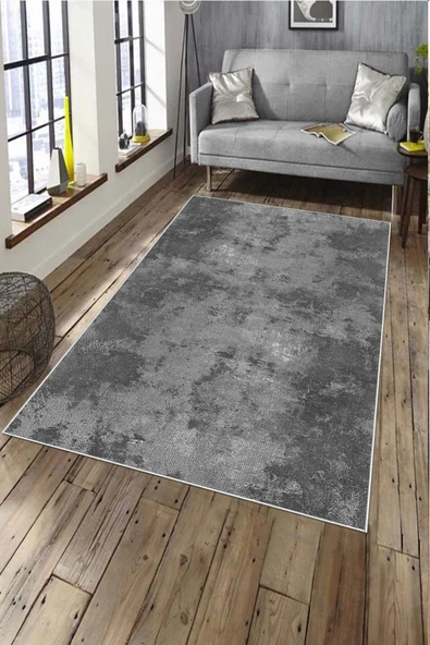 Makinede Yıkanabilir Leke Tutmaz  Gri Pvc Deri Kaymaz Taban Vintage Salon Saçaksız Halı A209  GRİ 160 x 230