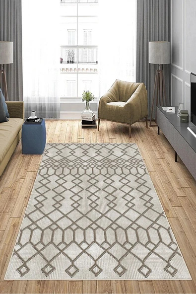 Makinede Yıkanabilir Leke Tutmaz  Vizon-Krem Deko Deri Kaymaz Taban İskandinav Salon Saçaksız Halı A252  VİZON-KREM 160 x 230 - Resim 4