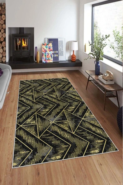 Makinede Yıkanabilir Leke Tutmaz  Gold Deko Deri Kaymaz Taban Tasarım Salon Saçaksız Halı A245  GOLD 120 x 180 - 3
