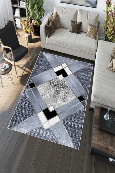 Makinede Yıkanabilir Leke Tutmaz  Mavi Deko Deri Kaymaz Taban Simetrik Salon Saçaksız Halı A241  MAVİ 200 x 300 - Resim 5