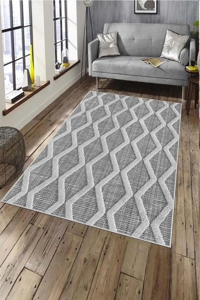 Makinede Yıkanabilir Leke Tutmaz  Gri Deko Deri Kaymaz Taban Simetrik Salon Saçaksız Halı A250  GRİ 80 x 300