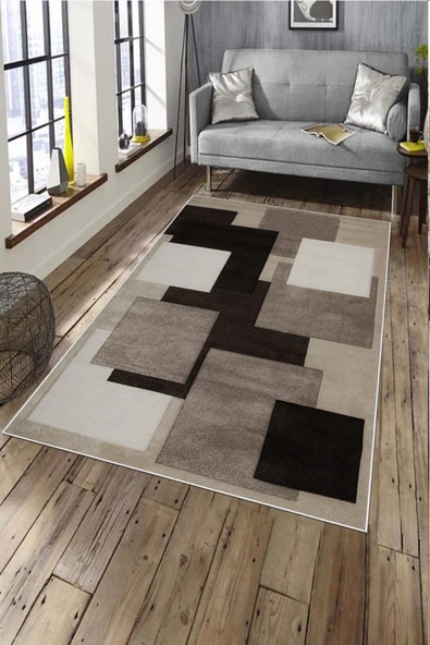 Makinede Yıkanabilir Leke Tutmaz  Kahverengi Pvc Deri Kaymaz Taban Simetrik Salon Saçaksız Halı A234  KAHVERENGİ 80 x 150