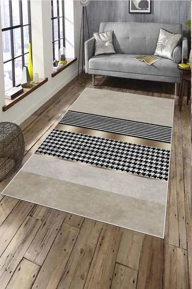 Makinede Yıkanabilir Leke Tutmaz  Krem Pvc Deri Kaymaz Taban Modern Salon Saçaksız Halı A237  KREM 80 x 200