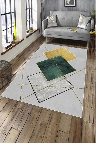 Makinede Yıkanabilir Leke Tutmaz  Yeşil-Gri Deko Deri Kaymaz Taban Tasarım Salon Saçaksız Halı A255  YEŞİL-GRİ 80 x 300