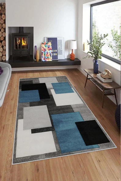 Makinede Yıkanabilir Leke Tutmaz  Mavi Deko Deri Kaymaz Taban Simetrik Salon Saçaksız Halı A235  MAVİ 100 x 300 - 3