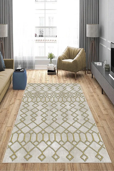 Makinede Yıkanabilir Leke Tutmaz  Gold-Krem Pvc Deri Kaymaz Taban İskandinav Salon Saçaksız Halı A253  GOLD-KREM 80 x 300 - 4