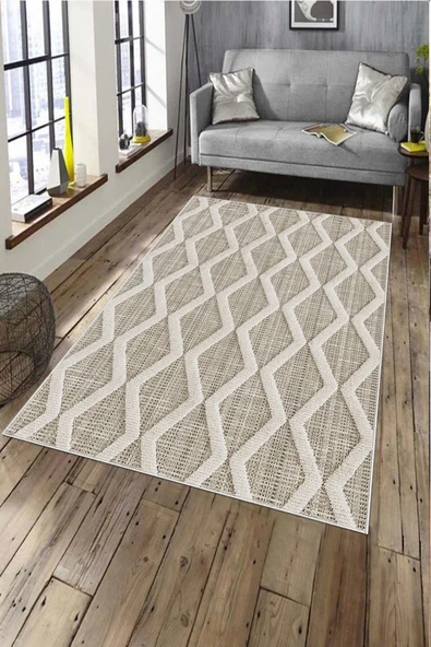 Makinede Yıkanabilir Leke Tutmaz  Krem Deko Deri Kaymaz Taban Simetrik Salon Saçaksız Halı A249  KREM 160 x 230