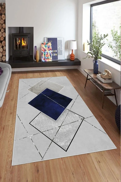 Makinede Yıkanabilir Leke Tutmaz  Lacivert-Gri Deko Deri Kaymaz Taban Tasarım Salon Saçaksız Halı A256  LACİVERT-GRİ 160 x 230 - Resim 3