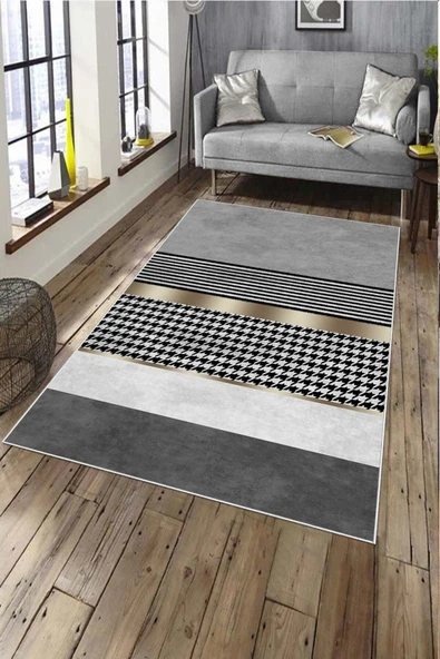 Makinede Yıkanabilir Leke Tutmaz  Gri Pvc Deri Kaymaz Taban Modern Salon Saçaksız Halı A239  GRİ 120 x 180