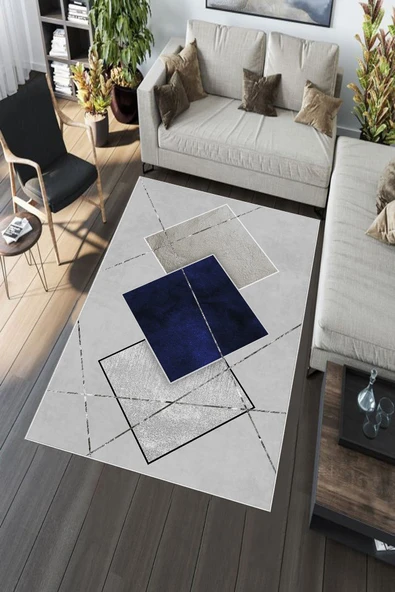 Makinede Yıkanabilir Leke Tutmaz  Lacivert-Gri Deko Deri Kaymaz Taban Tasarım Salon Saçaksız Halı A256  LACİVERT-GRİ 160 x 230 - Resim 5
