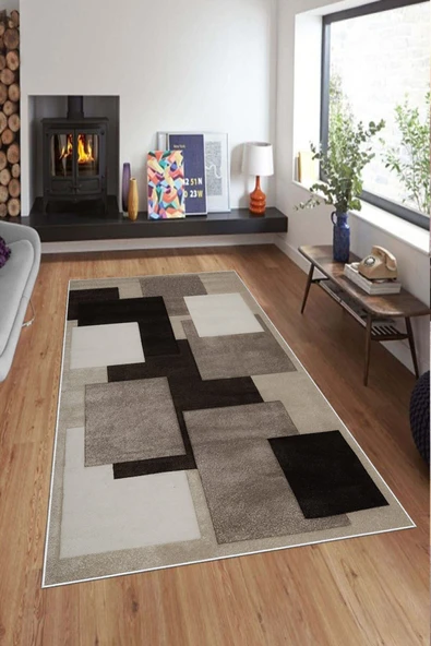 Makinede Yıkanabilir Leke Tutmaz  Kahverengi Deko Deri Kaymaz Taban Simetrik Salon Saçaksız Halı A234  KAHVERENGİ 100 x 300 - Resim 3