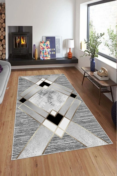 Makinede Yıkanabilir Leke Tutmaz  Gri Pvc Deri Kaymaz Taban Simetrik Salon Saçaksız Halı A242  GRİ 80 x 150 - 10
