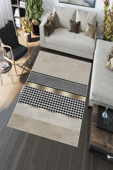Makinede Yıkanabilir Leke Tutmaz  Krem Deko Deri Kaymaz Taban Modern Salon Saçaksız Halı A237  KREM 180 x 280 - 5