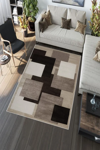 Makinede Yıkanabilir Leke Tutmaz  Kahverengi Pvc Deri Kaymaz Taban Simetrik Salon Saçaksız Halı A234  KAHVERENGİ 180 x 280 - 5