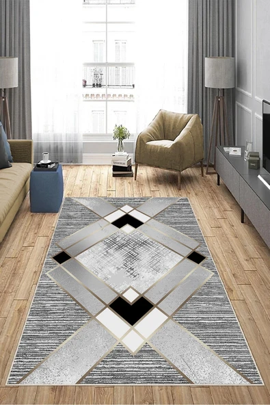 Makinede Yıkanabilir Leke Tutmaz  Gri Pvc Deri Kaymaz Taban Simetrik Salon Saçaksız Halı A242  GRİ 80 x 150 - 11