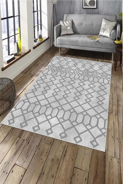 Makinede Yıkanabilir Leke Tutmaz  Gri Deko Deri Kaymaz Taban İskandinav Salon Saçaksız Halı A254  GRİ 80 x 150