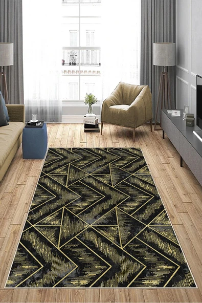 Makinede Yıkanabilir Leke Tutmaz  Gold Deko Deri Kaymaz Taban Tasarım Salon Saçaksız Halı A245  GOLD 120 x 180 - 4