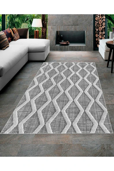 Makinede Yıkanabilir Leke Tutmaz  Gri Dot Keçe Kaymaz Taban Simetrik Salon Saçaksız Halı A250  gri beyaz 200 x 300 - Resim 3