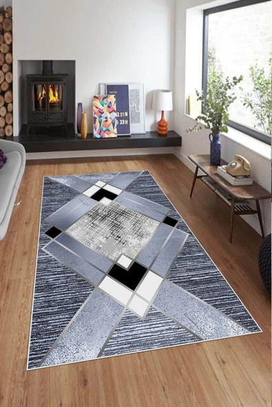 Makinede Yıkanabilir Leke Tutmaz  Mavi Deko Deri Kaymaz Taban Simetrik Salon Saçaksız Halı A241  MAVİ 200 x 300 - Resim 3