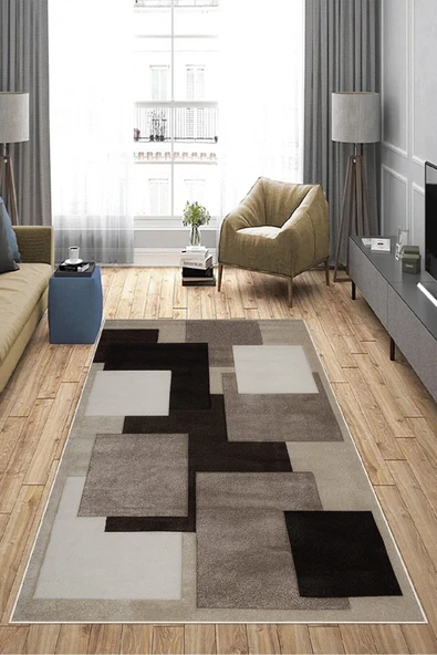 Makinede Yıkanabilir Leke Tutmaz  Kahverengi Pvc Deri Kaymaz Taban Simetrik Salon Saçaksız Halı A234  KAHVERENGİ 180 x 280 - 4