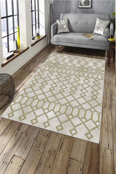 Makinede Yıkanabilir Leke Tutmaz  Gold-Krem Pvc Deri Kaymaz Taban İskandinav Salon Saçaksız Halı A253  GOLD-KREM 80 x 300