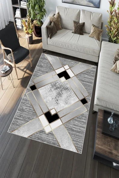 Makinede Yıkanabilir Leke Tutmaz  Gri Pvc Deri Kaymaz Taban Simetrik Salon Saçaksız Halı A242  GRİ 80 x 150 - 5