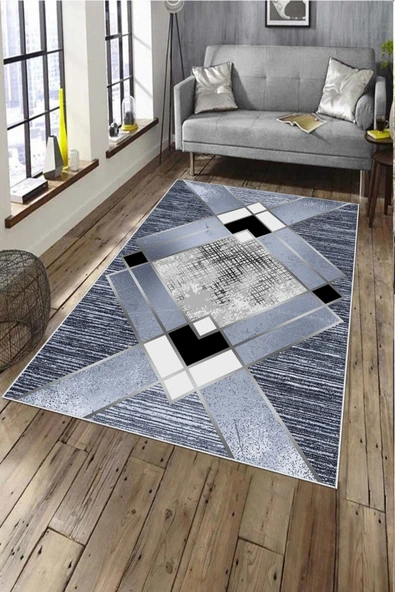Makinede Yıkanabilir Leke Tutmaz  Mavi Pvc Deri Kaymaz Taban Simetrik Salon Saçaksız Halı A241  MAVİ 100 x 300