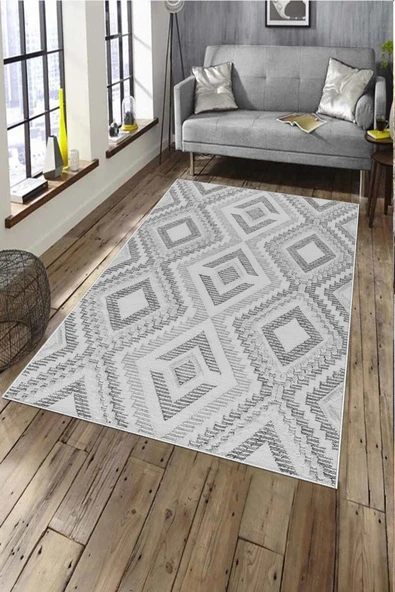 Makinede Yıkanabilir Leke Tutmaz  Gri Pvc Deri Kaymaz Taban Simetrik Salon Saçaksız Halı A263  GRİ 180 x 280