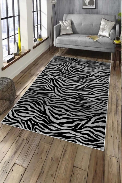 Makinede Yıkanabilir Leke Tutmaz  Siyah Deko Deri Kaymaz Taban Tasarım Salon Saçaksız Halı A260-1  SİYAH 100 x 300