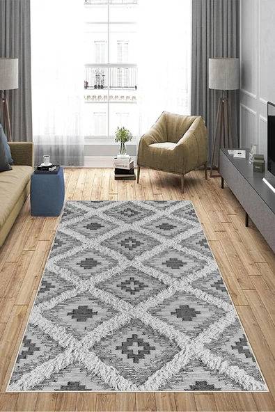 Makinede Yıkanabilir Leke Tutmaz  Gri Pvc Deri Kaymaz Taban Etnik Salon Saçaksız Halı A268  GRİ 80 x 200 - 4