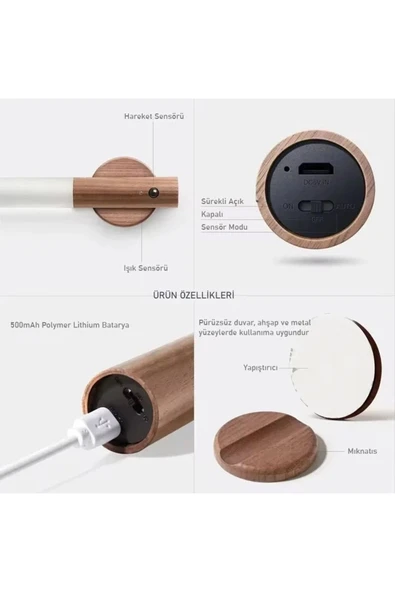 Ucuz Geldi Sensörlü Şarjlı Led Aplik Mıknatıslı Ahşap Renk Cata Kumru Gün Işığı Led Aplik Type-C Duvar Lambası - Resim 4