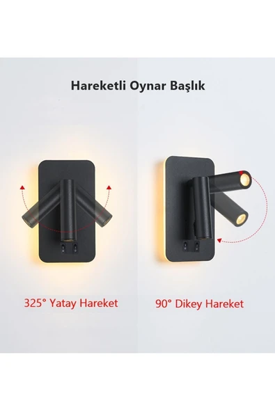 Ucuz Geldi Tuvalu Siyah Çift Kademeli Yatak Başı Led Aplik 13 Watt Gün Işığı Okuma Lambası - Resim 3