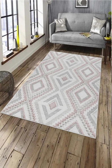 Makinede Yıkanabilir Leke Tutmaz  Pembe Deko Deri Kaymaz Taban Simetrik Salon Saçaksız Halı A262  PEMBE 160 x 230