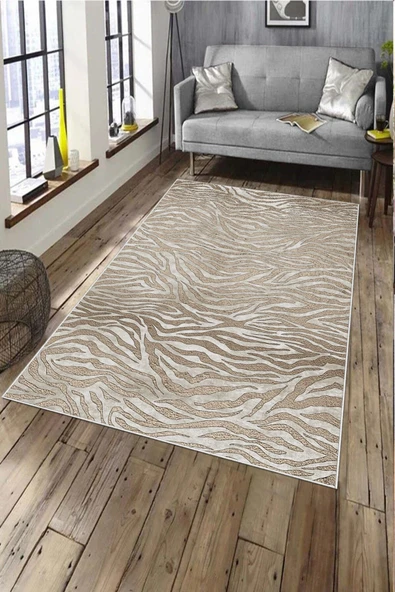 Makinede Yıkanabilir Leke Tutmaz  Vizon-Krem Deko Deri Kaymaz Taban Tasarım Salon Saçaksız Halı A258  VİZON-KREM 120 x 180