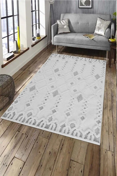 Makinede Yıkanabilir Leke Tutmaz  Gri Deko Deri Kaymaz Taban Simetrik Salon Saçaksız Halı A266  GRİ 180 x 280