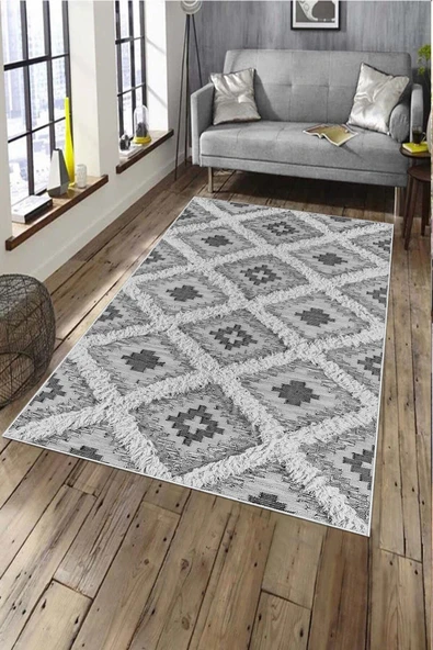 Makinede Yıkanabilir Leke Tutmaz  Gri Pvc Deri Kaymaz Taban Etnik Salon Saçaksız Halı A268  GRİ 180 x 280