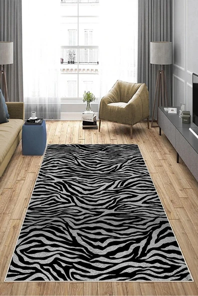 Makinede Yıkanabilir Leke Tutmaz  Siyah Pvc Deri Kaymaz Taban Tasarım Salon Saçaksız Halı A260-1  SİYAH 120 x 180 - 4