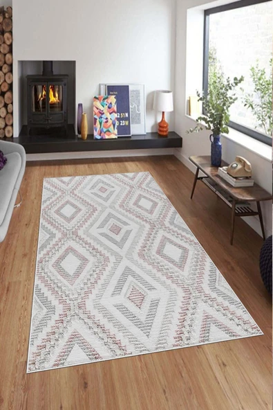 Makinede Yıkanabilir Leke Tutmaz  Pembe Deko Deri Kaymaz Taban Simetrik Salon Saçaksız Halı A262  PEMBE 200 x 300 - 3