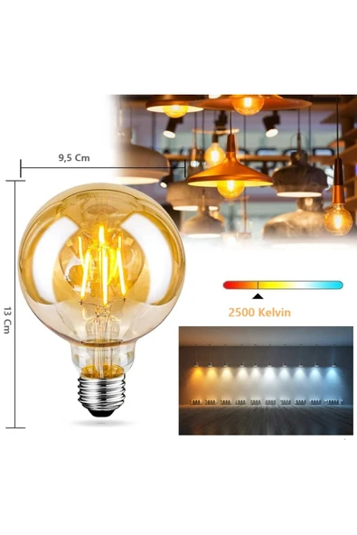 Ucuz Geldi 4W Rustik Led Ampul 2500K Dimlenebilir E27 Duylu 3 Adet Lambam G95 Amber Cam Sarı Işık Top Ampul - 3