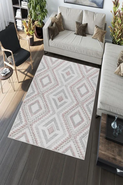 Makinede Yıkanabilir Leke Tutmaz  Pembe Deko Deri Kaymaz Taban Simetrik Salon Saçaksız Halı A262  PEMBE 200 x 300 - 5