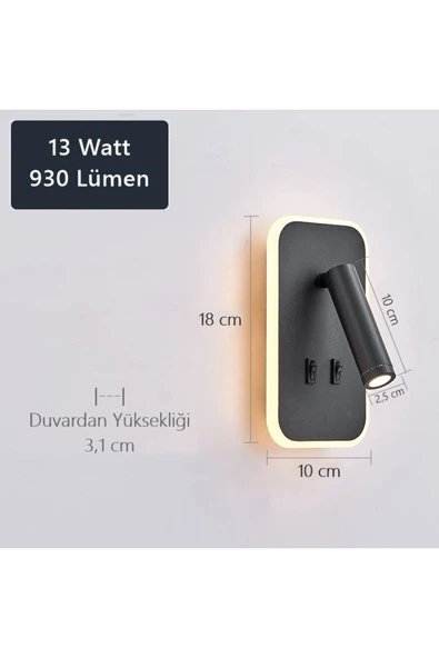 Ucuz Geldi Tuvalu Siyah Çift Kademeli Yatak Başı Led Aplik 13 Watt Gün Işığı Okuma Lambası - Resim 2