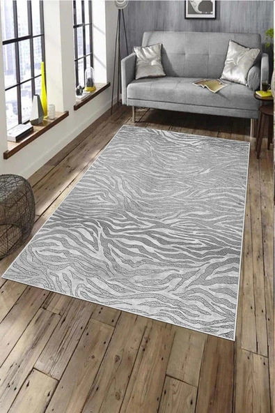 Makinede Yıkanabilir Leke Tutmaz  Gri Deko Deri Kaymaz Taban Tasarım Salon Saçaksız Halı A259  GRİ 100 x 200