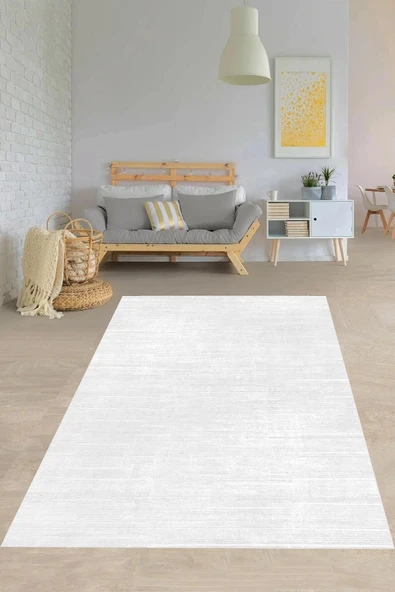 Makinede Yıkanabilir Leke Tutmaz  Beyaz Pvc Deri Kaymaz Taban Modern Salon Saçaksız Halı A28-1  beyaz 200 x 300