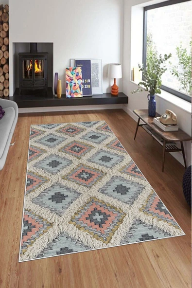 Makinede Yıkanabilir Leke Tutmaz  Multi Deko Deri Kaymaz Taban Etnik Salon Saçaksız Halı A269  MULTİ 100 x 300 - 3