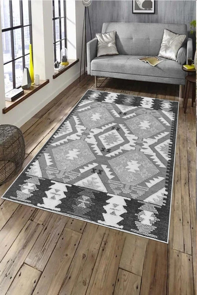Makinede Yıkanabilir Leke Tutmaz  Gri Deko Deri Kaymaz Taban Etnik Salon Saçaksız Halı A271  GRİ 80 x 300 ürün görseli